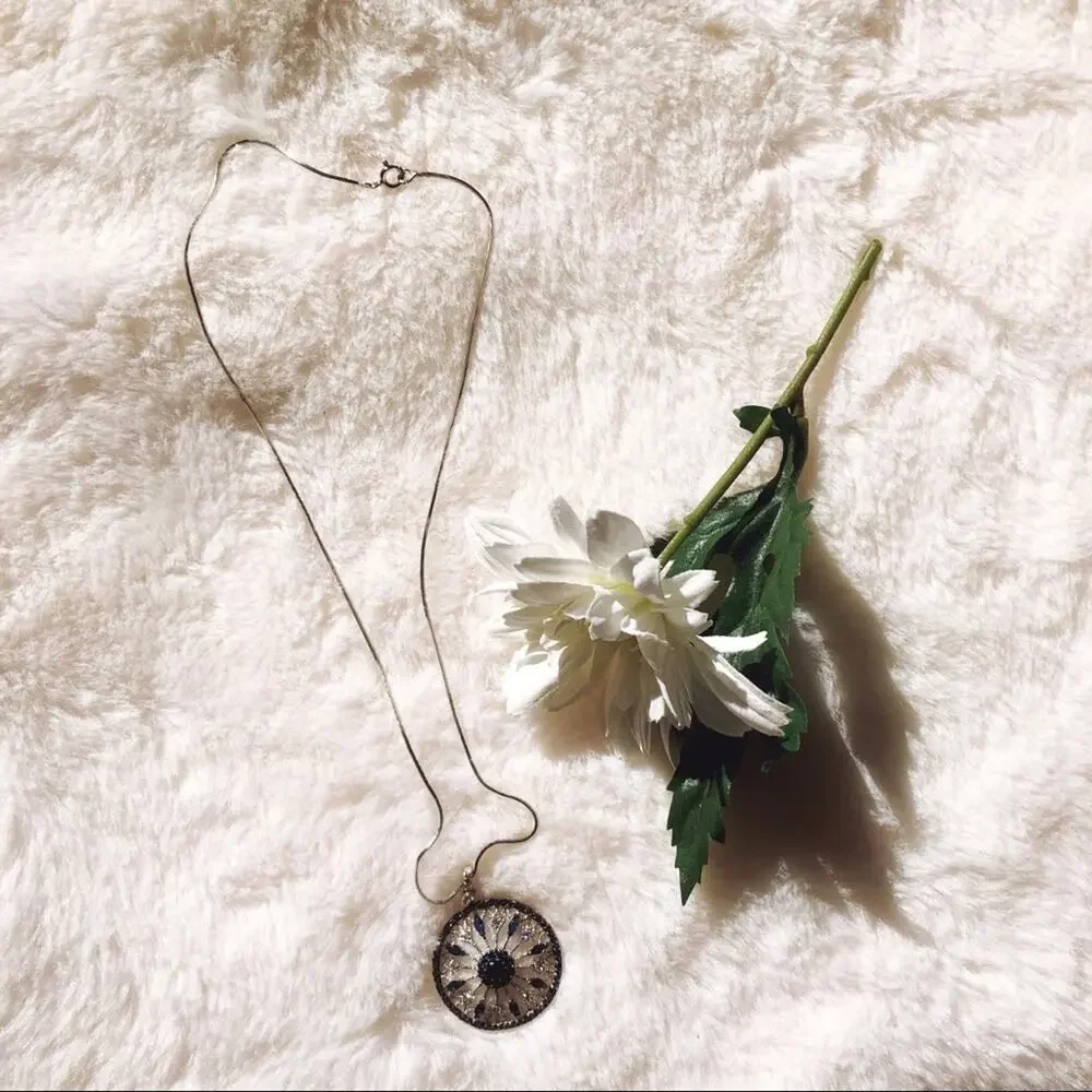 Blue and Silver Circle Flower Outline Necklace - Picture 11 of 11